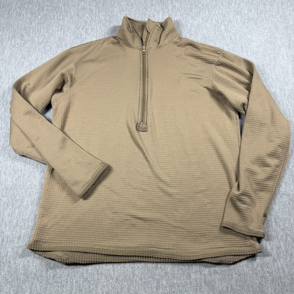 US Military Sweater Men Medium Brown Grid Fleece Shirt Midweight Cold Weather Ge